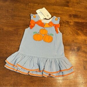 NWT lil cactus Pumpkin Applique Kids Dress blue orange size 6-12 months